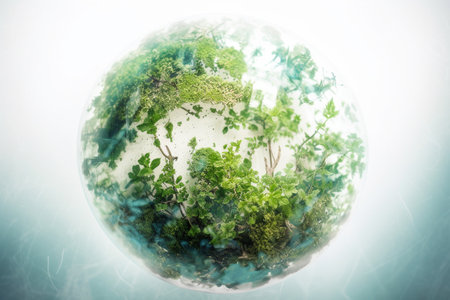 Conceptual illustration of an orb with vegetaion, plants and trees. Earth Day Concept. Created with generative AIの素材