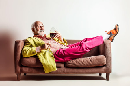Funny old man chilling and relaxing on a sofa. Generative AIの素材