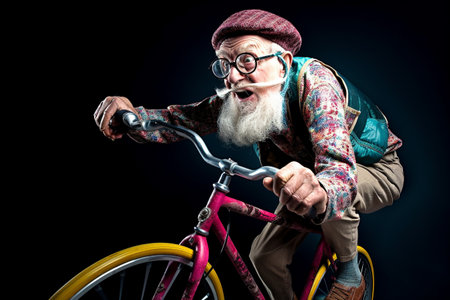 Funny old man riding a bicycle. Generative AIの素材