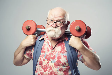 Funny old man doing heavy lifting. Generative AIの素材