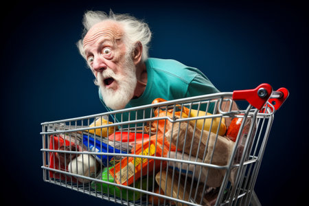 Funny old man pushing a shopping cart full of groceries. Generative AIの素材