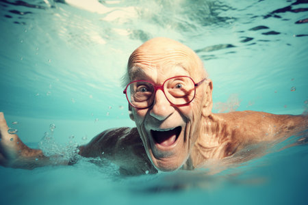 Funny old man swimming in pool. Generative AIの素材