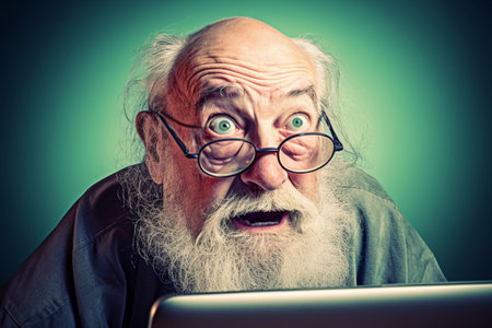 Funny old man, desperately trying to use laptop. Generative AIの素材