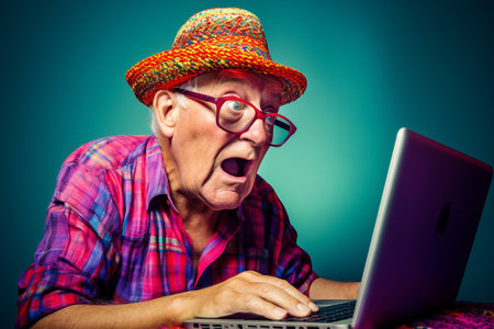 Funny old man, desperately trying to use laptop. Generative AIの素材