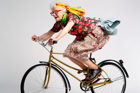 Funny old woman riding a bicycle. Generative AIの素材