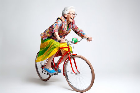 Funny old woman riding a bicycle. Generative AIの素材