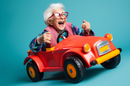 Funny old woman riding a toy car and laughing loudly. Generative AIの素材