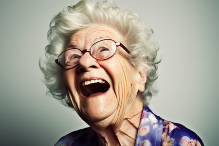 Funny old woman, laughing loudly. Closeup portrait. Generative AIの素材