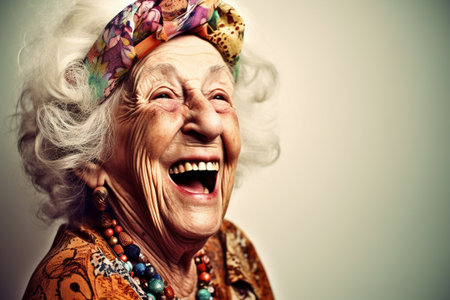 Funny old woman, laughing loudly. Closeup portrait. Generative AIの素材