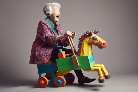Funny old woman riding a wooden toy horse and laughing loudly. Generative AIの素材