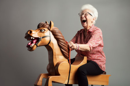 Funny old woman riding a wooden toy horse and laughing loudly. Generative AIの素材