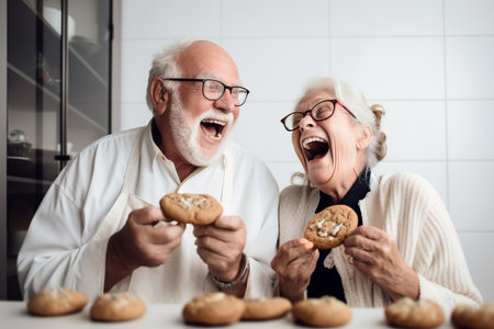 Old couple of husband and wife, enjoying retirement - they are cooking and baking together in a kitchen. Generative AIの素材