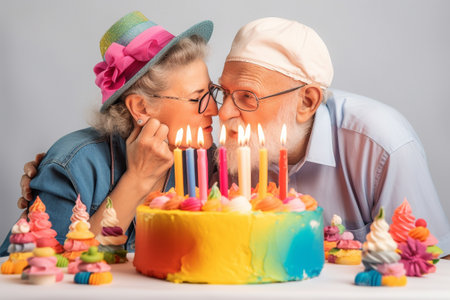 Retired old couple of husband and wife blowing candles together on an anniversary cake. Generative AIの素材