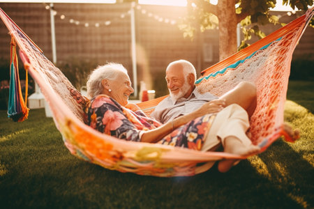 Old couple of husband and wife, enjoying retirement - they are chilling and relaxing in their backyard. Generative AIの素材