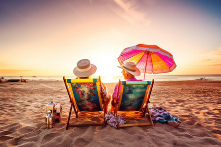 Old couple of husband and wife, enjoying retirement - they are chilling and relaxing on a beach at sunset. Generative AIの素材