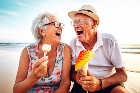 Old couple of husband and wife, enjoying retirement - they are eating icecream and laughing on a beach. Generative AIの素材