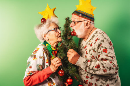 Old couple of husband and wife, enjoying retirement - they are ornating a Christmas tree. Generative AIの素材