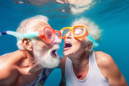 Old couple of husband and wife, enjoying retirement - they are having fun snorkeling. Generative AIの素材