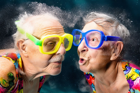 Old couple of husband and wife, enjoying retirement - they are having fun snorkeling. Generative AIの素材