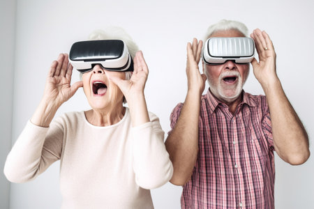 Old couple of husband and wife, enjoying retirement - they are having fun with VR headsets. Generative AIの素材