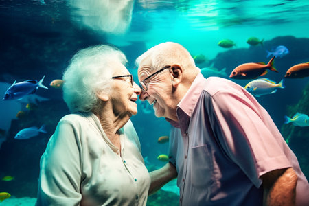 Old couple of husband and wife, enjoying retirement - they are visiting an aquarium. Generative AIの素材