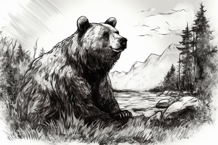 Hand drawn bear in his natural habitat. Ink illustration created with generative AIの素材