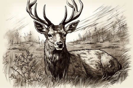 Hand drawn deer in his natural habitat. Ink illustration created with generative AIの素材