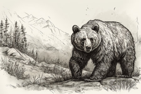Hand drawn bear in his natural habitat. Ink illustration created with generative AIの素材