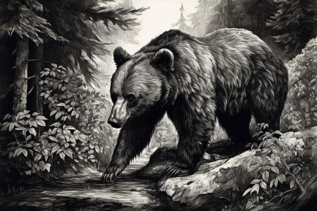 Hand drawn bear in his natural habitat. Ink illustration created with generative AIの素材