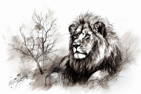 Hand drawn lion in his natural habitat. Ink illustration created with generative AIの素材
