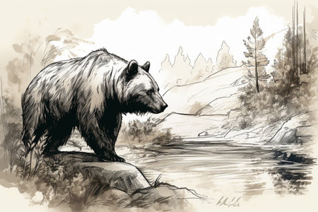 Hand drawn bear in his natural habitat. Ink illustration created with generative AIの素材