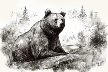 Hand drawn bear in his natural habitat. Ink illustration created with generative AIの素材