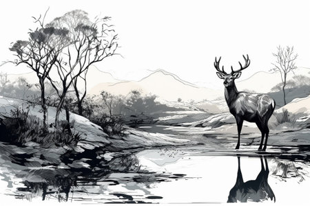 Hand drawn deer in his natural habitat. Ink illustration created with generative AIの素材