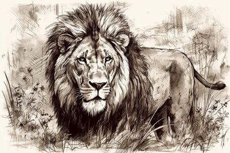 Hand drawn lion in his natural habitat. Ink illustration created with generative AIの素材