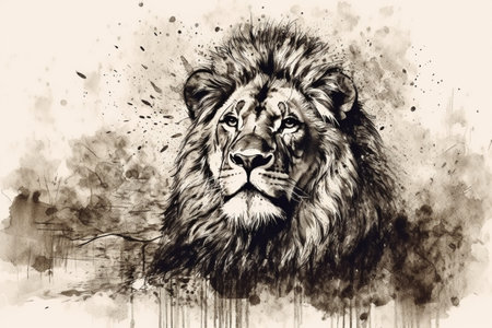Hand drawn lion in his natural habitat. Ink illustration created with generative AIの素材