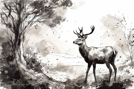 Hand drawn deer in his natural habitat. Ink illustration created with generative AIの素材