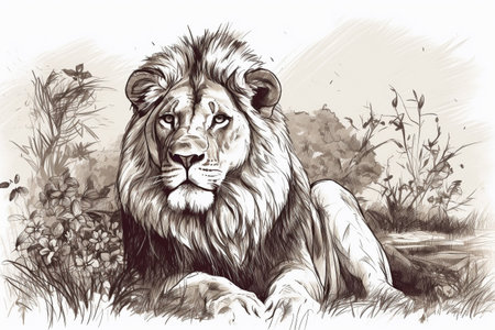 Hand drawn lion in his natural habitat. Ink illustration created with generative AIの素材