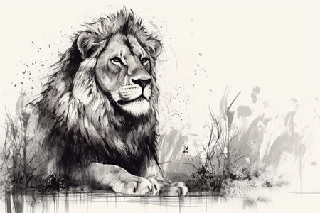 Hand drawn lion in his natural habitat. Ink illustration created with generative AIの素材