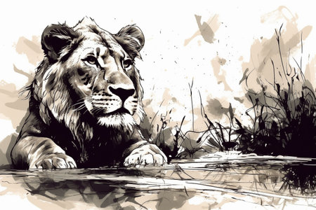 Hand drawn lion in his natural habitat. Ink illustration created with generative AIの素材