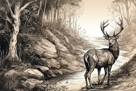 Hand drawn deer in his natural habitat. Ink illustration created with generative AIの素材