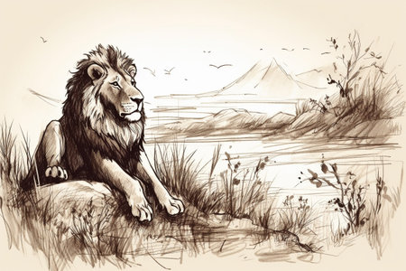 Hand drawn lion in his natural habitat. Ink illustration created with generative AIの素材