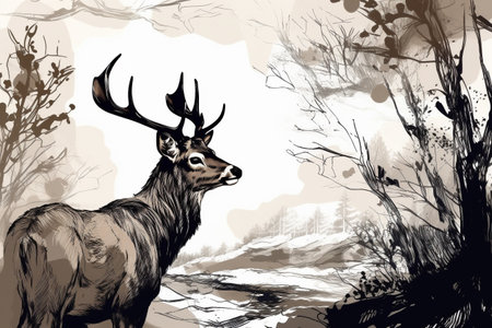 Hand drawn deer in his natural habitat. Ink illustration created with generative AIの素材
