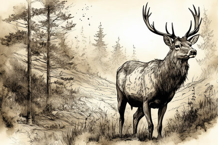 Hand drawn deer in his natural habitat. Ink illustration created with generative AIの素材