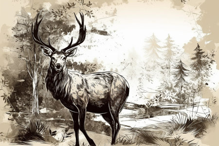 Hand drawn deer in his natural habitat. Ink illustration created with generative AIの素材