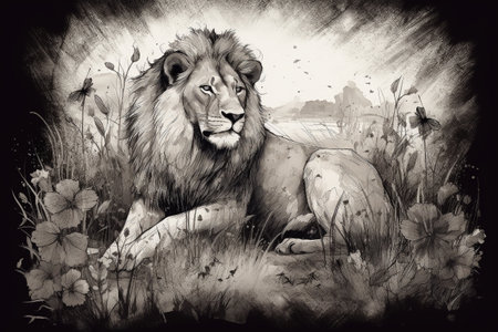 Hand drawn lion in his natural habitat. Ink illustration created with generative AIの素材
