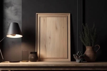 Interior design - empty wooden frame on the wall, modern and minimalist interior. Mockup illustration. Generative AIの素材