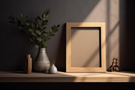 Interior design - empty wooden frame on the wall, modern and minimalist interior. Mockup illustration. Generative AIの素材