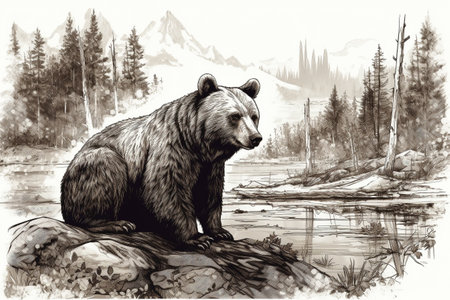 Hand drawn bear in his natural habitat. Ink illustration created with generative AIの素材