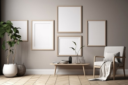 Interior design - empty wooden frame on the wall, modern and minimalist interior. Mockup illustration. Generative AIの素材