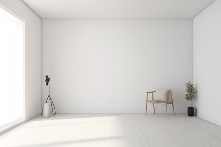 Modern minimalist scandinavian interior with a big empty wall - mockup design. Illustration created with generative AIの素材
